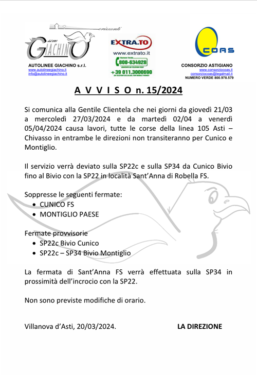 Modifica viabilità concentrico di Montiglio - Anche 28 e 29 marzo