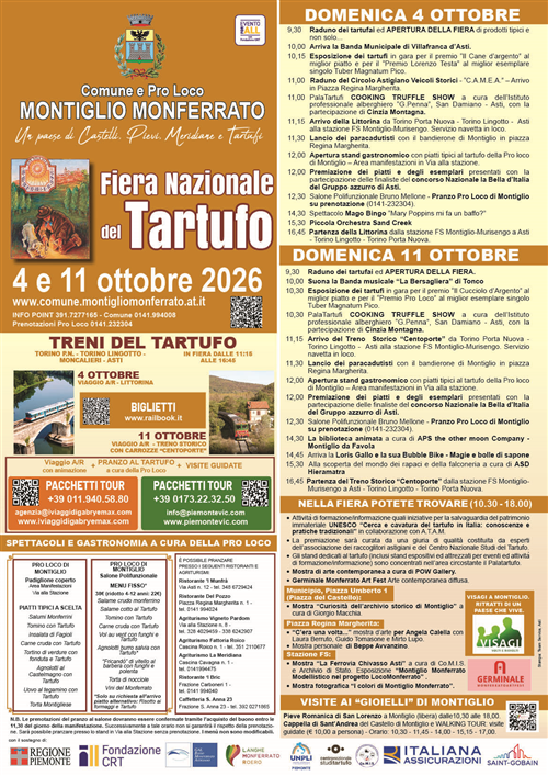 Fiera Nazionale del Tartufo - Montiglio Monferrato - Programma Edizione 4 e 11 ottobre 2026
